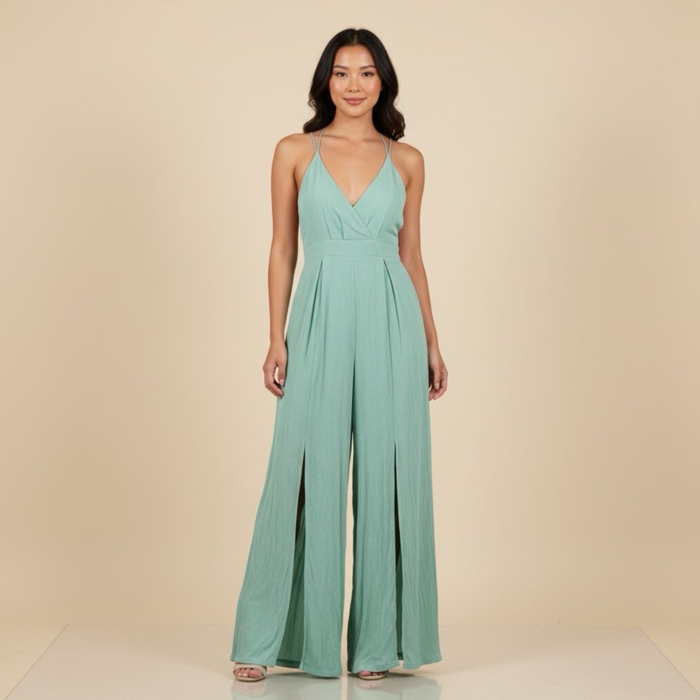 ReVamped Mint Green Wide Leg Jumpsuit Small V-Neck Open Back Slit Leg Sleeveless